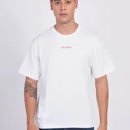 Lee White Loose Fit Printed Cotton Oversized Crew T-Shirt-image-94
