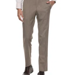 Van Heusen Brown Slim Fit Checks Flat Front Trousers image 1