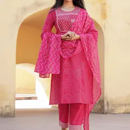 Juniper Geometric Printed Mirror Work Pure Cotton Straight Kurta With Trousers & Dupatta-picture-39