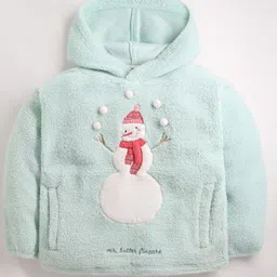 Cherry Crumble By Nitt Hyman Full Sleeves Self Textured & Snowman Embroidered Sherpa Hooded Sweatshirt - Mint Green-picture-22