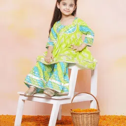 AJ Dezines Three Fourth Sleeves Ikat Motif & Leheriya Designed With Gota Lace Embellished Coordinating Kurta & Sharara Set - Blue & Yellow-picture-14