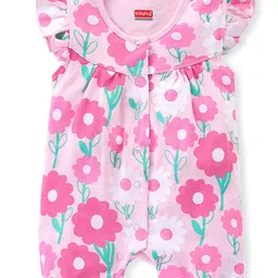 Babyhug 100% Cotton Knit Interlock Half Sleeves Romper With Floral Print - Pink-picture-22