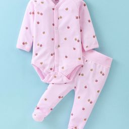 Zero Interlock Knit Full Sleeves Front Open Onesie with Legging & Apple Print - Pink-picture-36