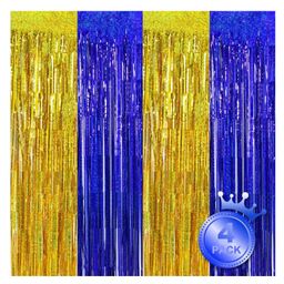 Bubble Trouble 4 Pcs Blue & Gold Party Streamers Fringe Foil Curtain Backdrop Tinsel Background Party Decoration Blue gold Pack of 4-picture-8