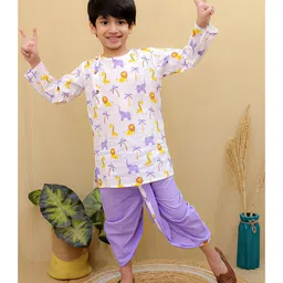 Superminis Cotton Full Sleeves Animals Printed Dhoti Kurta Set - Purple & White-picture-28