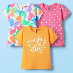 Babyhug 100% Cotton Knit Half Sleeves T-Shirts With Polka Dots Heart & Enjoy The Day Text Print Pack of 3 - Pink & White-picture-30