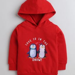 BUMZEE Fleece Knit Full Sleeves Penguin Printed Hooded Sweatshirt - Red-picture-34