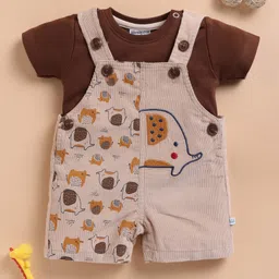 Wonderchild Baby Animals Embroidered Ribbed Dungaree With Half Sleeves Tee Set - Chocolate & Fawn-image-29