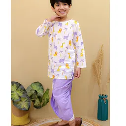 Superminis Cotton Full Sleeves Animals Printed Dhoti Kurta Set - Purple & White image 5