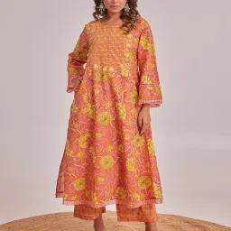 tara-c-tara Tara C Tara Orange Floral Hand Block Printed Comfort Fit Co-ord Set image 1