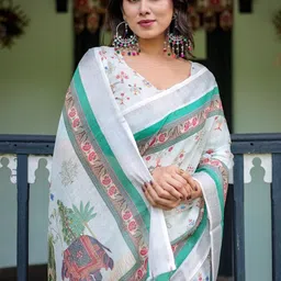 ALMAARI FASHION Ethnic Motifs Printed Pure Linen Kanjeevaram Saree image 3