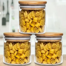 ALLO Transparent Borosilicate Glass Round Jar with Wooden Lid - Set of 3 (300 ml) image 1