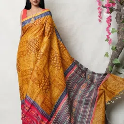 Unnati Silks Yellow Silk Printed Saree With Unstitched Blouse image 1