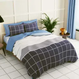 Bianca La Vogue Checks Grey & Blue 152 TC Fabric Double Bedsheet with 2 Pillow Covers-picture-10