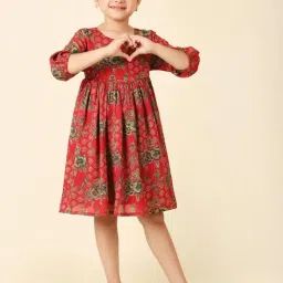 Fabindia Kids Red Floral Print Dress-image-24
