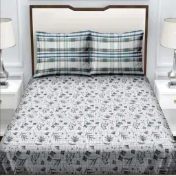 BELLA CASA Genteel Floral White & Teal Blue 180 TC Cotton Bedsheet with 2 Pillow Covers-picture-11