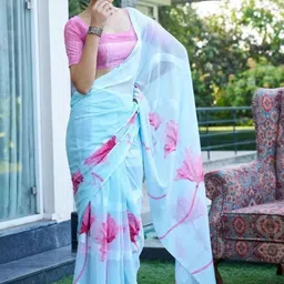 GHAN SALS LILLY Floral Printed Baluchari Saree with Blouse Piece image 2