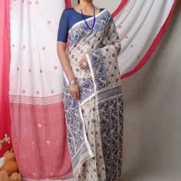 Unnati Silks Cream Cotton Woven Saree With Unstitched Blouse image 1