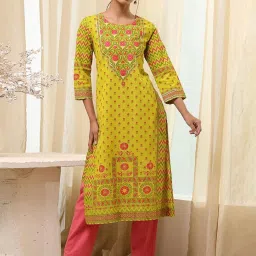 Biba Green Cotton Regular Fit Printed Kurtas image 1