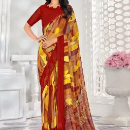 Satrani Red & Yellow Printed Saree With Unstitched Blouse image 1