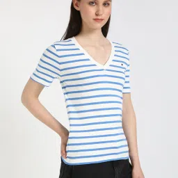 TOMMY HILFIGER Ecru & Blue Horizontal Stripes Slim Fit Cotton T-Shirt image 1