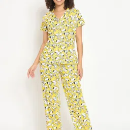 Clovia Yellow Cotton Graphic Print Shirt Pyjamas Set image 1