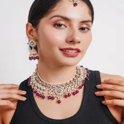 Divisha 18 K Gold-Plated CZ-Studded & Pearl Beaded Jewellery Set image 3