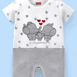 Babyhug Cotton Half Sleeves Romper Star Print & Elephant Embroidery- Grey-image-98