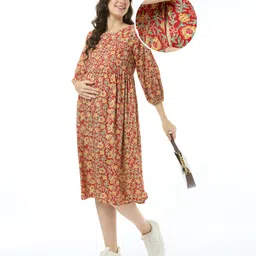 Bella Mama Woven Three Fourth Sleeves Maternity Dress with Floral Print - Red-picture-29