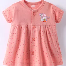 Pink Rabbit Single Jersey Knit Half Sleeves Front Open Frock with Animal & Heart Print - Orange-picture-20