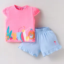 ToffyHouse Cotton Knit Frill Sleeves Top & Shorts Set with Tropical Theme Print - Dark Pink-image-0