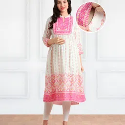 Bella Mama Woven Three Fourth Sleeves Contrast Yoke Printed Maternity Kurta with Pocket - Offwhite-picture-17