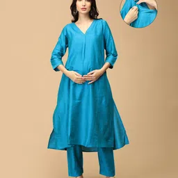The Mom Store Silk Three Fourth Sleeves Solid Maternity Kurta With Nursing Access & Salwar Set - Aqua Blue-picture-11