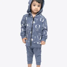 Ariel Pure Cotton Knit Full Sleeves Elephants Printed Light Winter Hooded Sweatshirt & Joggers Set - Blue-picture-11