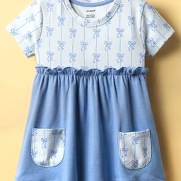 CUCUMBER Interlock Knit Half Sleeves Frock With Bow Print Frill Detailing & Pockets - Blue-image-54