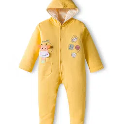 Child World Cotton Knit Full Sleeves Footed & Hooded Sleepsuit With Text Embriodery - Golden-picture-23