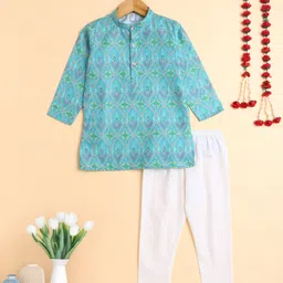 The Magic Wand Woven Full Sleeves Ethnic Motifs Printed Kurta Pyjama Set - Green-picture-16