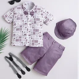 Fourfolds Cotton Blend Woven Half Sleeves Abstract Printed Shirt & Shorts With Cap Suspender & Bow Set - Purple-picture-29