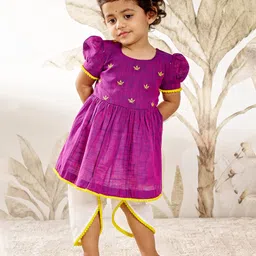 Vastramay Cotton Woven Puffed Sleeves Floral Embroidered Kurta Dhoti Set - Purple-picture-11