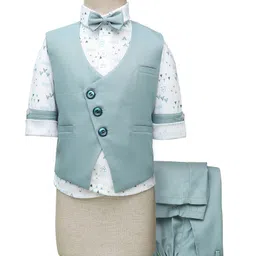 Rikidoos Full Sleeves Geometric Printed 3 Piece Party Suit With Bow Set - White & Light Blue-image-46