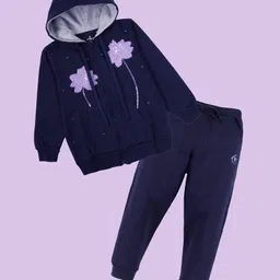 Kiddopanti Fleece Knit Full Sleeves Floral Embroidered & Sequins Embellished Winter Hooded Sweatshirt With Track Pants Set - Navy Blue-picture-22