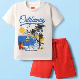 Babyhug Single Jersey Knit Half Sleeves T-Shirt & Shorts Set with Beach Theme Print - Red & White image 2