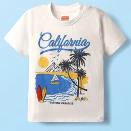 Babyhug Single Jersey Knit Half Sleeves T-Shirt & Shorts Set with Beach Theme Print - Red & White image 3