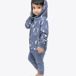 Ariel Pure Cotton Knit Full Sleeves Elephants Printed Light Winter Hooded Sweatshirt & Joggers Set - Blue image 4