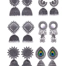 MEENAZ Set Of 6 Silver-Plated Stones Studded & Beaded Floral Shaped Oxidised Jhumkas-image-84