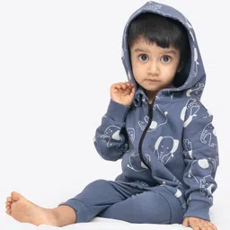 Ariel Pure Cotton Knit Full Sleeves Elephants Printed Light Winter Hooded Sweatshirt & Joggers Set - Blue image 5