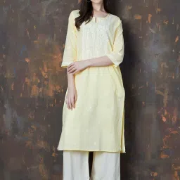 Melange By Lifestyle Yellow Cotton Regular Fit Embroidered Kurta image 1