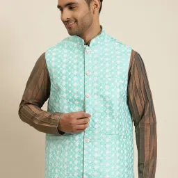 SOJANYA Blue Comfort Fit Embroidered Nehru Jacket image 1