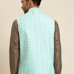 SOJANYA Blue Comfort Fit Embroidered Nehru Jacket image 2