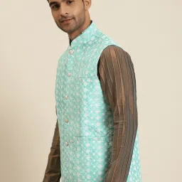 SOJANYA Blue Comfort Fit Embroidered Nehru Jacket image 3